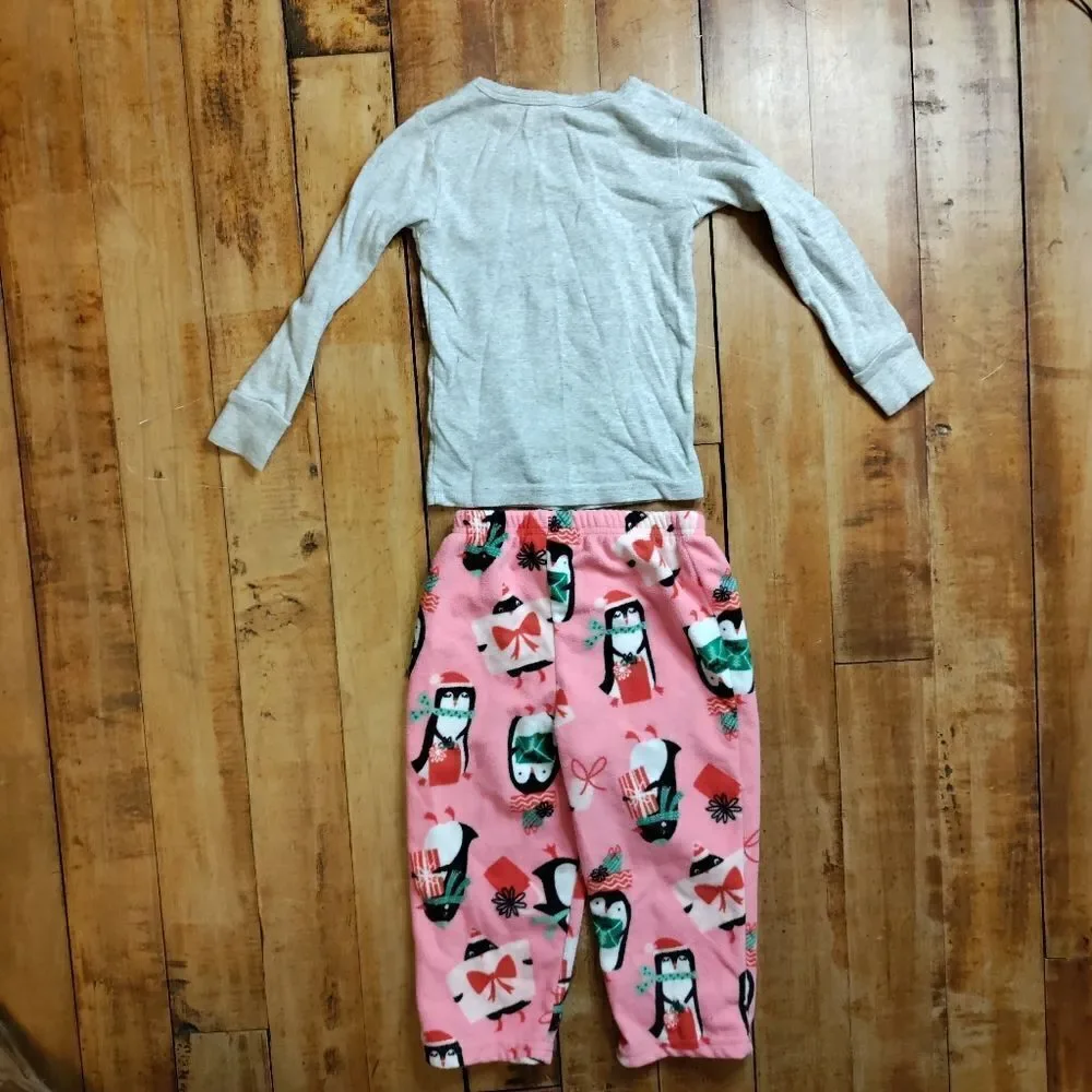 Carters pajamas set 2T girls Christmas penguins pink gray holiday fleece